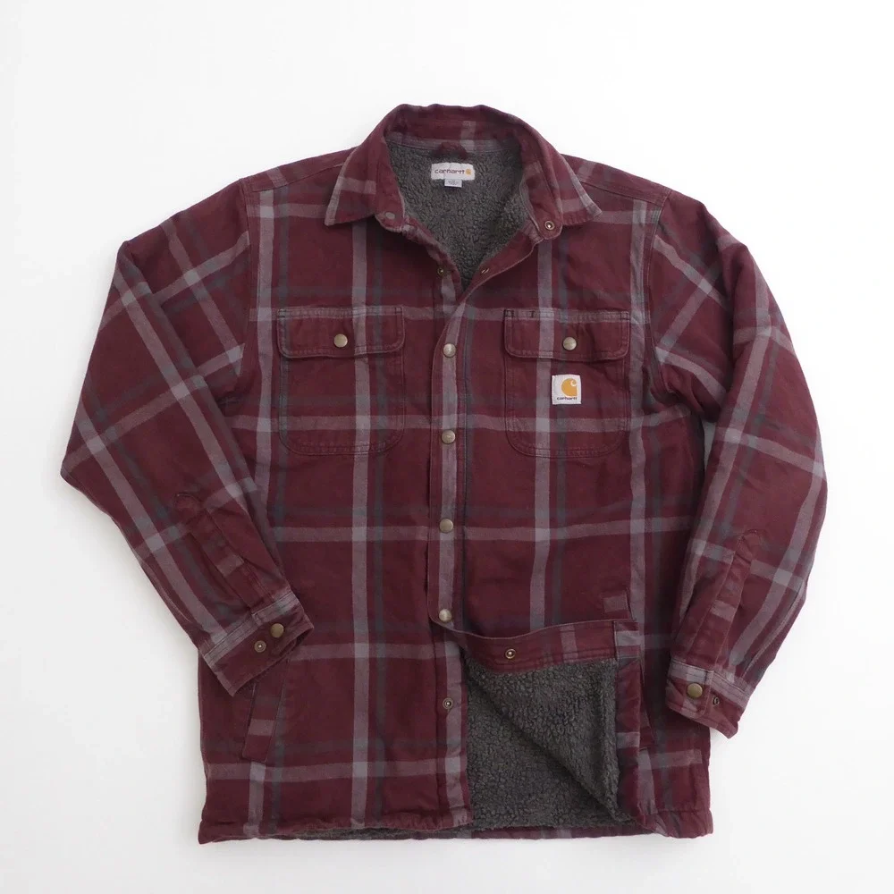 Carhartt 104452 Mens Carhartt Flannel Sherpa-Lined Shirt Jacket Red Plaid Medium